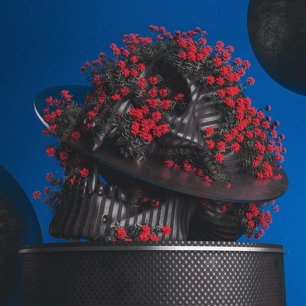 黑色雕塑上覆蓋紅色花朵,代表Creative NFT強大的批次列出工具,助賣家輕鬆管理大量NFT收藏。