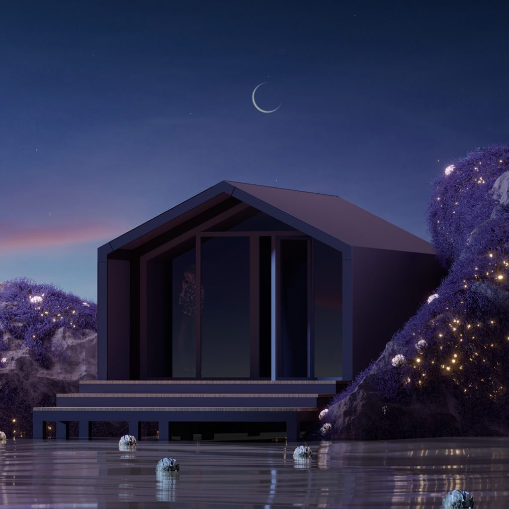 夜晚湖畔現代小屋,月亮高掛,象徵Creative NFT提供全球多語言支援,讓數位資產無界交流。